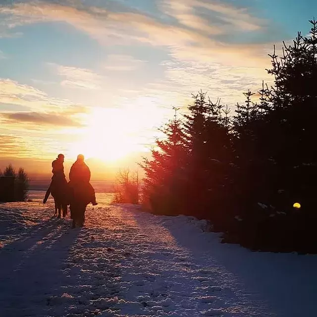 Two riders riding out in the sunrise