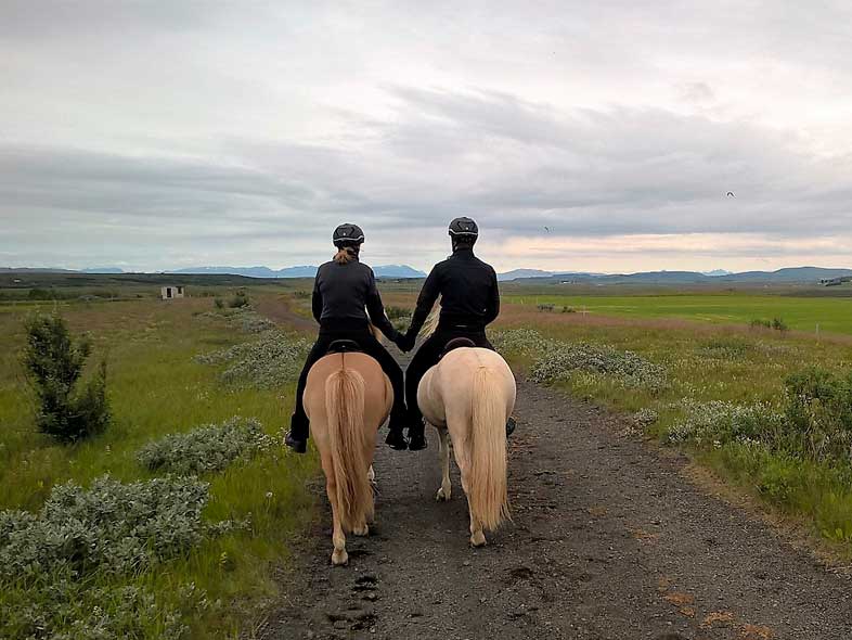 Two riders on each their horse, holding hands 